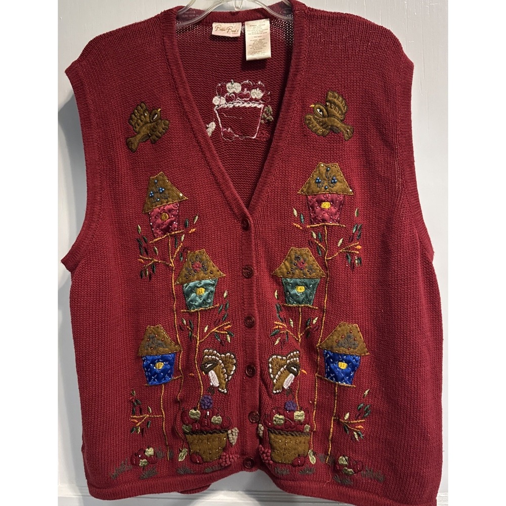 Bobbie Brooks Vintage Fall Autumn Bird Beaded Embroidered Button Knit Vest 2XL